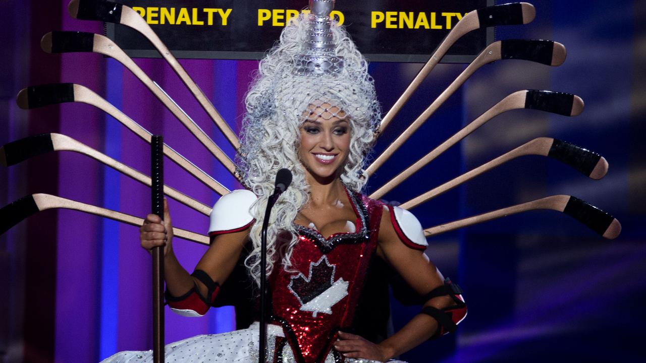 Miss Canada, Chanel Beckenlehner, poses for the judges, during the national costume show during the 63rd annual Miss Universe Competition in Miami, Fla., Wednesday, Jan. 21, 2015. (AP Photo/J Pat Carter)