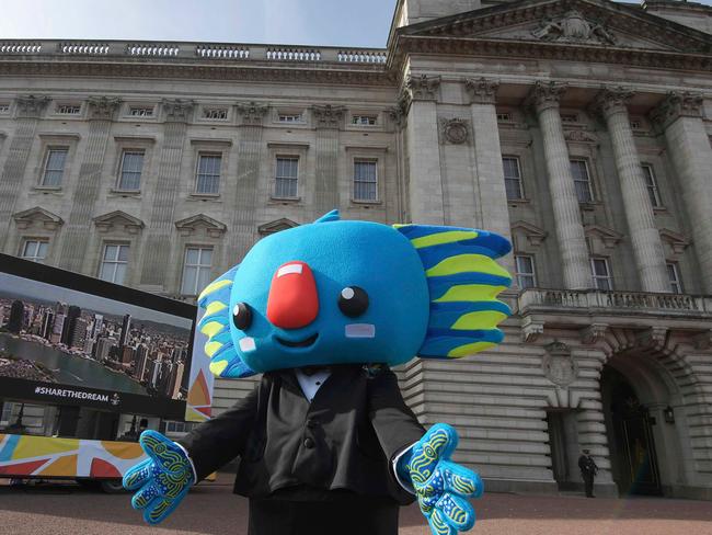 Borobi, the mascot for the 2018 Gold Coast Commonwealth Games poses on the forecourt of Buckingham Palace in London. Picture: AFP/Toby Melville