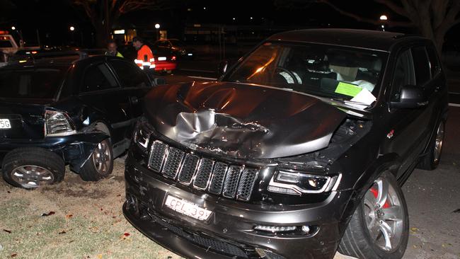 The scene of a crash in Sydney involving AFL star Buddy Franklin, whose Jeep hit four parked cars.