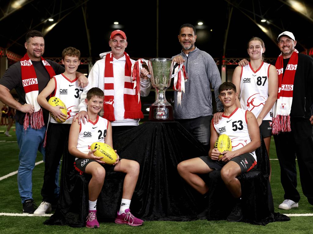Sydney Swans 2005 Premiership players with their Swans Academy sons and daughters. Amon and Marley Buchanan, Brett and Skout Kirk, Michael and James O’Loughlin and Nick and Jordan Davis. Picture: Phil Hillyard