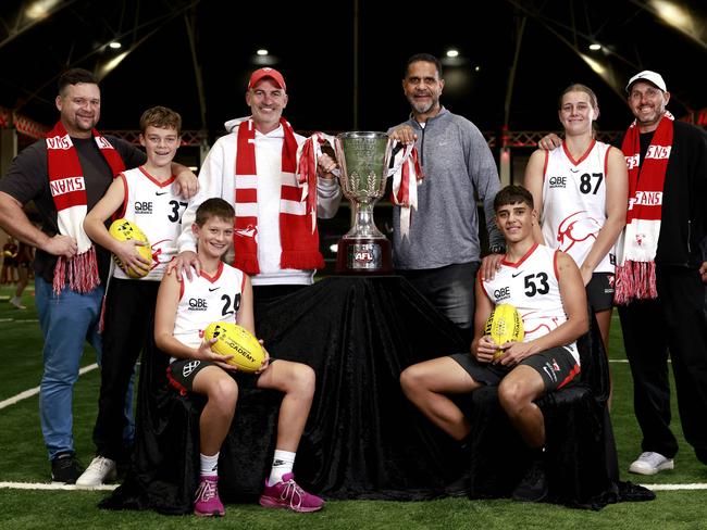 Sydney Swans 2005 Premiership players with their Swans Academy sons and daughters. Amon and Marley Buchanan, Brett and Skout Kirk, Michael and James O’Loughlin and Nick and Jordan Davis. Picture: Phil Hillyard