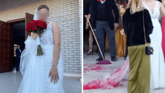 The bride's in-laws "hired someone to throw red paint" on her dress. Source: fulanodeobregon/X