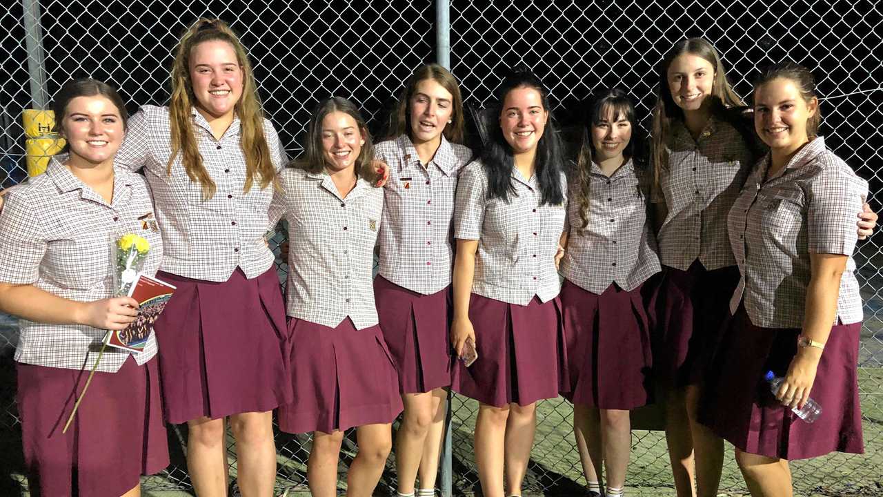 HAPPY GRADUATES: Year 12 students have graduated and are on to big things, including Dalby State High's top student Dominique Holtkamp (second from right). Picture: Contributed