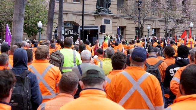 CFMEU members protest over Cross River Rail safety concerns. Picture: Steve Pohlner