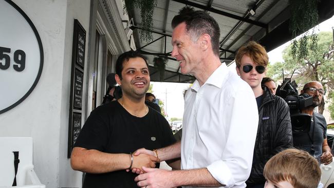 Labor leader Chris Minns is greeted at his local cafe in Kogarah in Sydney’s south the day after winning the NSW election. Picture: Gaye Gerard