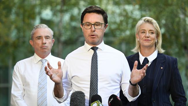 Nationals leader David Littleproud flanked by Kevin Hogan and Bridget McKenzie at Parliament House in Canberra. Picture: Martin Ollman/NewsWire