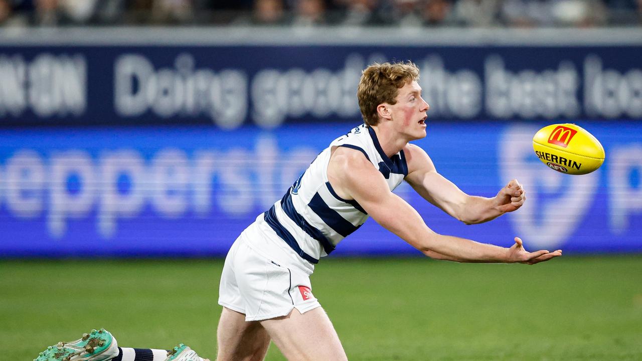 The Cats are sweating on Toby Conway’s latest setback. Picture: Dylan Burns/AFL Photos via Getty Images