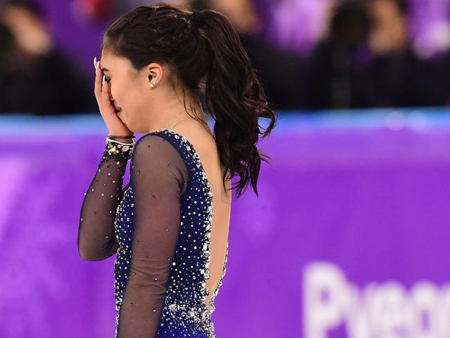 Canada's Gabrielle Daleman reacts after the women's single skating free skating of the figure skating event during the Pyeongchang 2018 Winter Olympic Games at the Gangneung Ice Arena in Gangneung on February 23, 2018. / AFP PHOTO / Roberto SCHMIDT