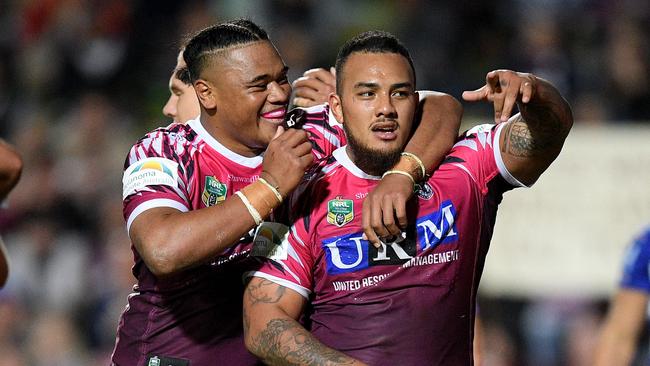 Addin Fonua-Blake of the Sea Eagles (right) celebrates with teammates after scoring a try during the Round 22 NRL match between the Manly-Warringah Sea Eagles and the Canterbury-Bankstown Bulldogs at McGrath Foundation Stadium, known as Lottoland, in Sydney, Saturday, August 11, 2018. (AAP Image/Dan Himbrechts) NO ARCHIVING, EDITORIAL USE ONLY