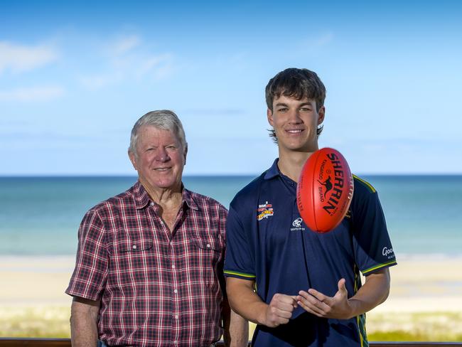 November 01 2024Woodville-West Torrens forward Charlie West  (R) with his grandfather, ex-AFL chief executive Wayne Jackson (L).Picture: RoyVPhotography