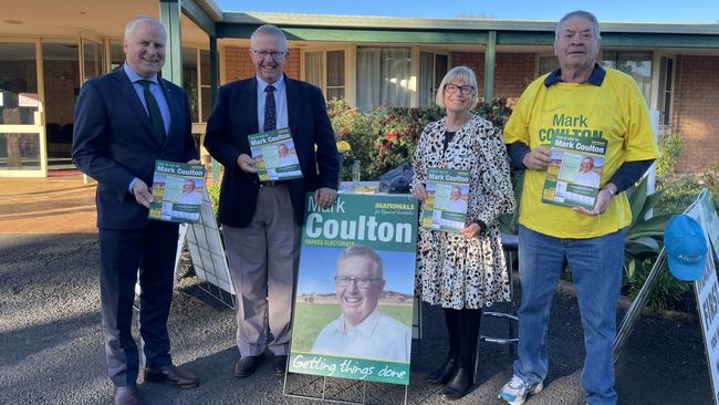 Incumbent Parkes MP Mark Coulton with Riverina MP Michael McCormack and campaign staff in Dubbo yesterday. Picture: Aymon Bertah