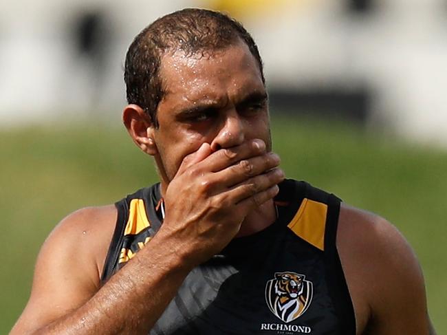 MELBOURNE, AUSTRALIA - NOVEMBER 21: Chris Yarran looks on after running drills during a Richmond Tigers AFL pre-season training session at the ME Bank Centre on November 21, 2016 in Melbourne, Australia. (Photo by Michael Willson/AFL Media/Getty Images)