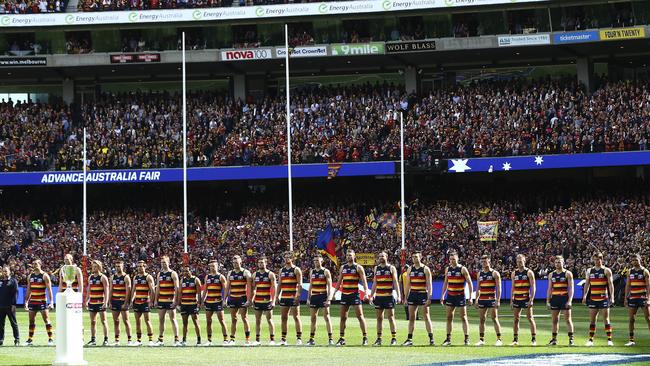 Crows players stand for national anthem ahead of the 2018 AFL grand final. Picture: Sarah Reed