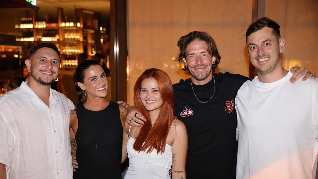 Jordan Cook, Alysia Sirignano, Jacquie Uemura, PJ Hanly and Luke Darcey at the Norte Restaurant launch at Mermaid Beach. Picture, Portia Large.