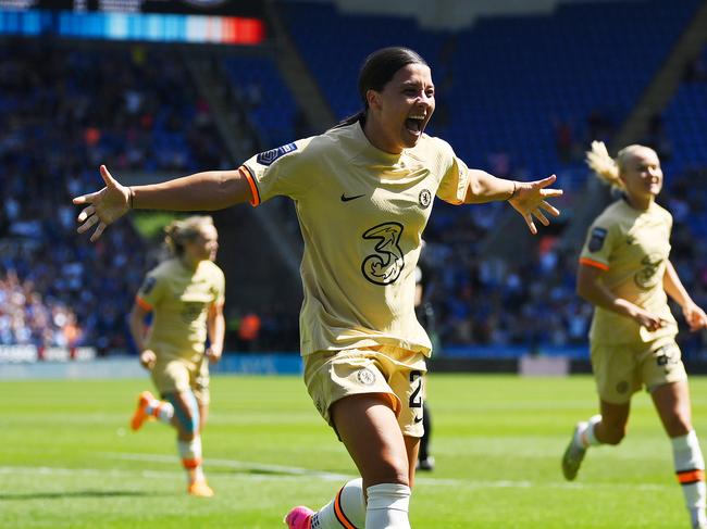 READING, ENGLAND - MAY 27: Sam Kerr of Chelsea celebrates after scoring the team's first goal during the FA Women's Super League match between Reading and Chelsea at Select Car Leasing Stadium on May 27, 2023 in Reading, England. (Photo by Justin Setterfield/Getty Images)