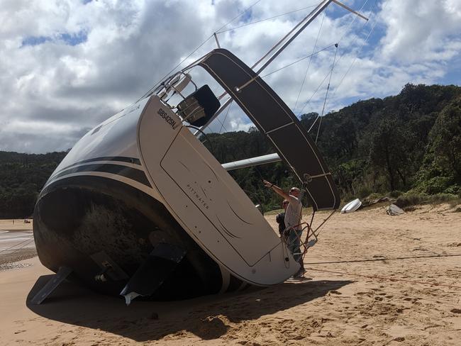 A 12m Hanse yacht ran aground on Maitland Bay beach after a sudden southerly change. Picture: Mark Westfield