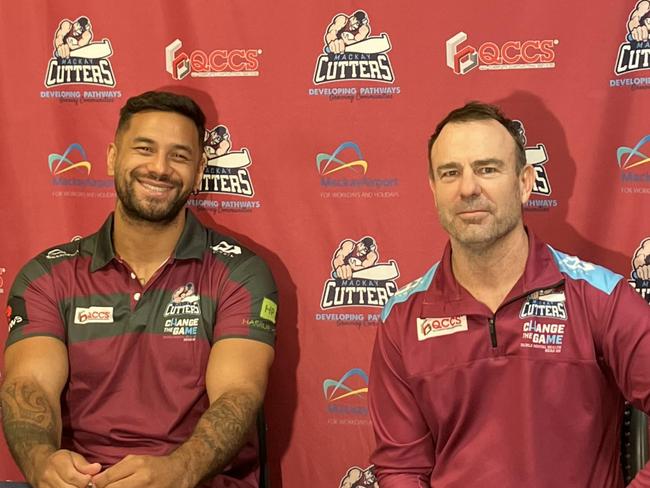 New signing Kenny Edwards (left) with Cutters Head of Football Kim Williams (right). The pair previously crossed paths at the Huddersfield Giants. Picture: Mitch Bourke.