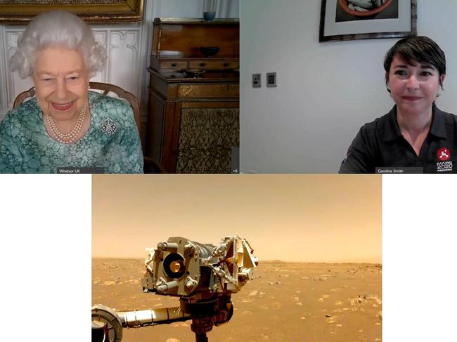 Queen Elizabeth II has been on Zoom as she was briefed on the latest updates from the NASA Mars Perseverance mission. Picture: Buckingham Palace via Getty Images