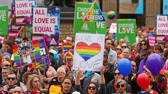 Crowds of people gathered at the State Library of Victoria for a Rally For Marriage Equality. Picture: Scott Barbour/Getty Images