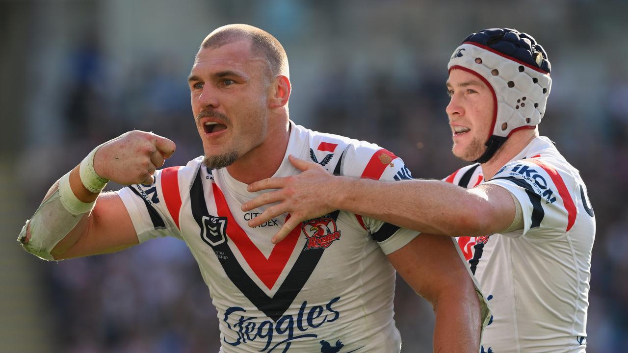 NRL 2024 RD25 Gold Coast Titans v Sydney Roosters - Angus Crichton, try, celebrates. Picture: NRL Photos