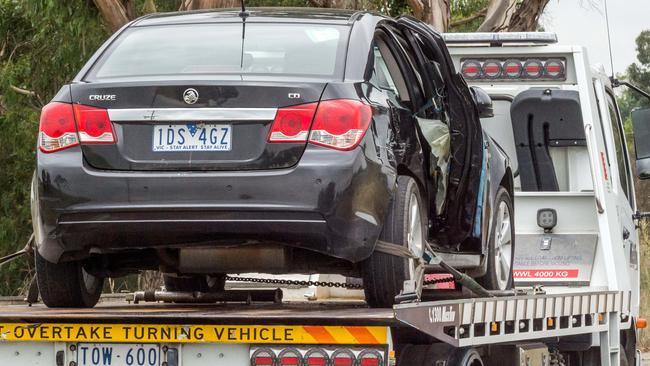 The victim's vehicle is removed from the scene. Picture: Jake Nowakowski