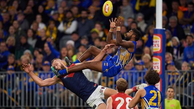 Liam Ryan's spectacular mark for West Coast over Max Gawn at the West Coast V Melbourne game in perth. Picture: Stefan Gosatti