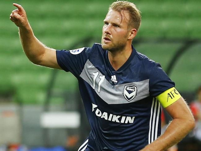 MELBOURNE, AUSTRALIA - FEBRUARY 11: Ola Toivonen of the Victory celebrates after kicking a penalty goal during the AFC Champions League Group E match between Melbourne Victory and Chiangrai United at Melbourne Rectangular Stadium on February 11, 2020 in Melbourne, Australia. (Photo by Daniel Pockett/Getty Images)