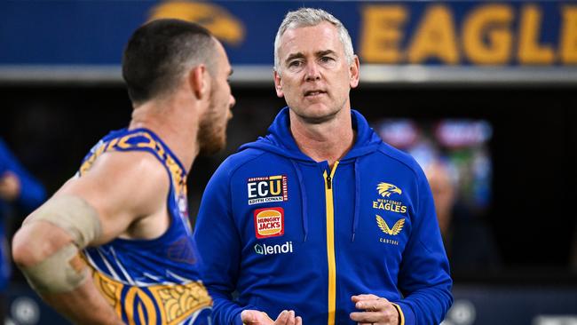 Simpson speaks to captain Luke Shuey during the Eagles’ huge loss to the Western Bulldogs. (Photo by Daniel Carson/AFL Photos via Getty Images)