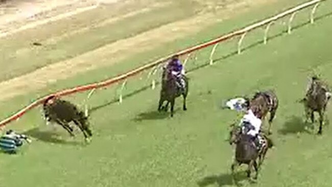 Three jockeys Emily Atkinson (So Super, white and blue silks), Luke Rolls (Cutting Loose, black and blue silks) and Tennille Gray (Baltic Cavalier, white silks) fell off their horses during race one at Clarence River Jockey Club in Grafton on Monday, 29th March, 2021.