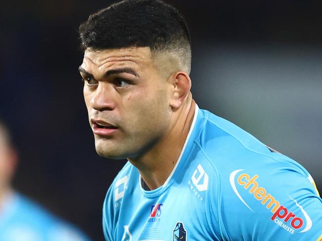 GOLD COAST, AUSTRALIA - MAY 04: David Fifita of the Titans runs the ball during the round nine NRL match between Gold Coast Titans and Melbourne Storm at Cbus Super Stadium, on May 04, 2024, in Gold Coast, Australia. (Photo by Chris Hyde/Getty Images)