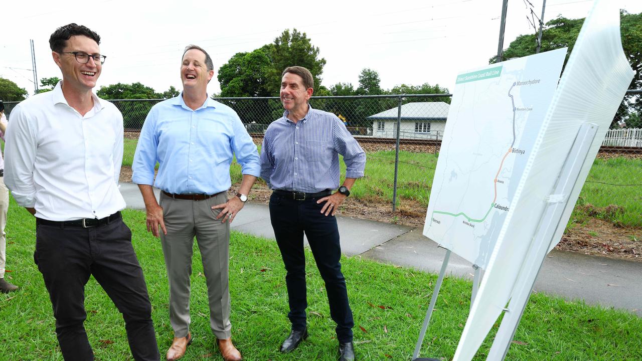 Member for Caloundra Jason Hunt, Deputy premier Cameron Dick and Transport minister Bart Mellish pose for pictures for LaborÃ&#149;s media team at Beerwah on Sunday at the announcement of the direct Sunshine Coast rail project. Picture Lachie Millard