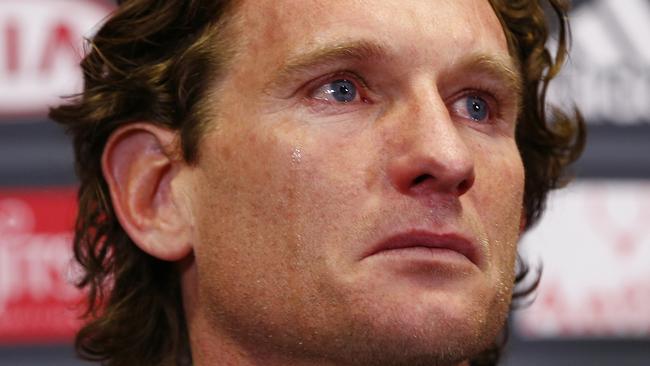 Essendon coach James Hird confirming his resignation as Essendon coach. Picture: Michael Klein