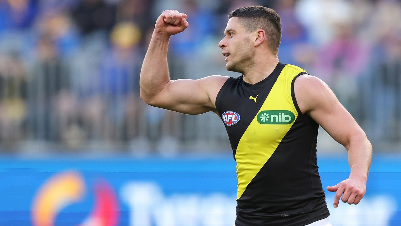 PERTH, AUSTRALIA - JULY 16: Dion Prestia of the Tigers celebrates after scoring a goal during the 2023 AFL Round 18 match between the West Coast Eagles and the Richmond Tigers at Optus Stadium on July 16, 2023 in Perth, Australia. (Photo by Will Russell/AFL Photos via Getty Images)