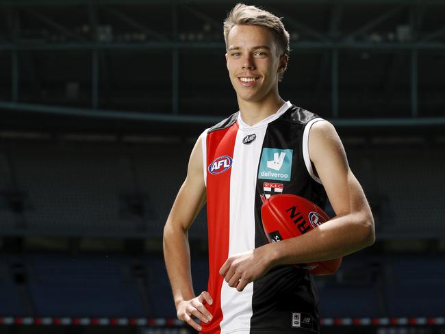 MELBOURNE, AUSTRALIA - DECEMBER 10: Matthew McLeod-Allison, draft selection #26 for the Saints poses for a photo during the NAB AFL Draft media opportunity at Marvel Stadium on December 10, 2020 in Melbourne, Australia. (Photo by Dylan Burns/AFL Photos via Getty Images)