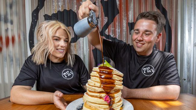 Mitchell Sariovski and partner Lauren Bent at their recently purchased Pancake Kitchen in Adelaide CBD. Pictured on Jan 31st 2025. Picture: Ben Clark