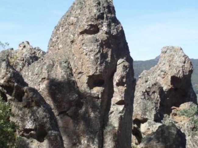 One of the ‘faces’ among the formations at Hanging Rock which rises up from the plains northwest of Melbourne. Picture: tripadvisor.com.au.