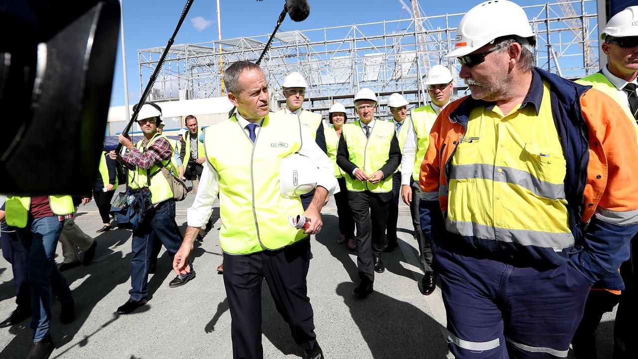 Opposition Leader Bill Shorten talking with Civmec Construction and Engineering workers in Perth on Tuesday. Picture: Kym Smith