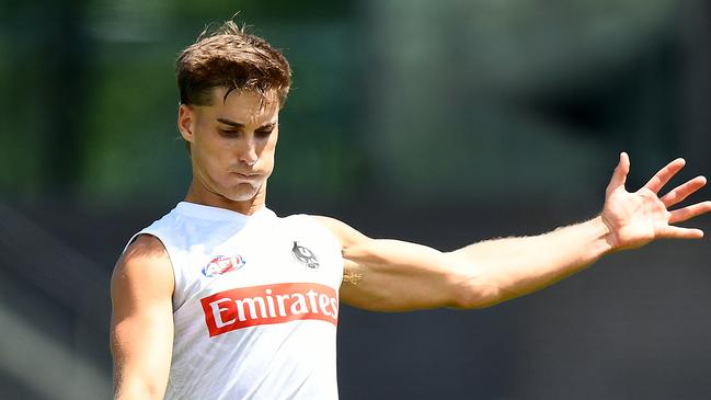 MELBOURNE, AUSTRALIA - FEBRUARY 07: Brynn Teakle of the Magpies kicks during a Collingwood Magpies AFL training session at AIA Centre on February 07, 2024 in Melbourne, Australia. (Photo by Josh Chadwick/Getty Images)