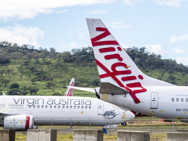 Virgin Australia aircraft parked up at Wellcamp Airport. Wednesday, April 7, 2021. Picture: Nev Madsen.