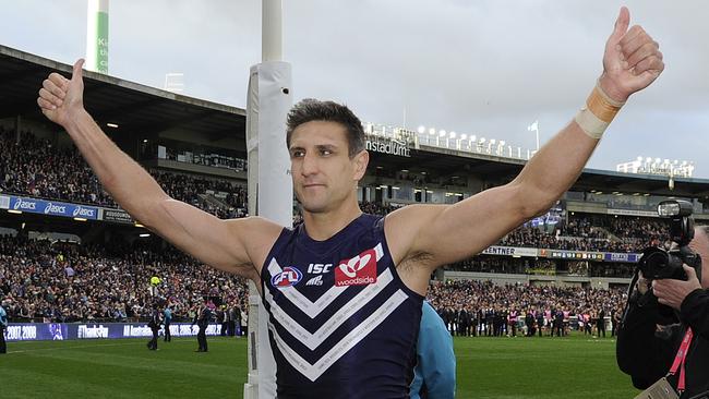 Matthew Pavlich salutes the fans following his final AFL game. Pavlich is joining Fox Footy’s commentary team for 2017.