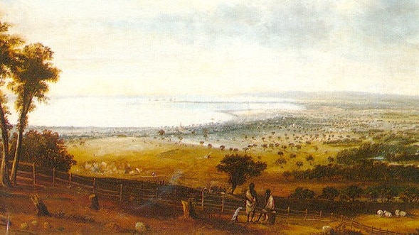 William Duke oil painting of Geelong from Mr Hiatt's, Barrabool Hills, 1851.