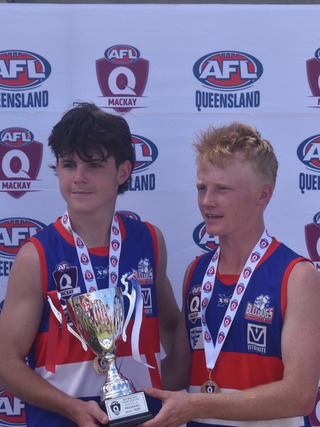 Lachlan Nelson (left) and Joel Ramsdale in the Moranbah Bulldogs v Whitsunday Sea Eagles u17s AFL grand final at Magpies Sporting Club, Mackay, September 11, 2021. Picture: Matthew Forrest