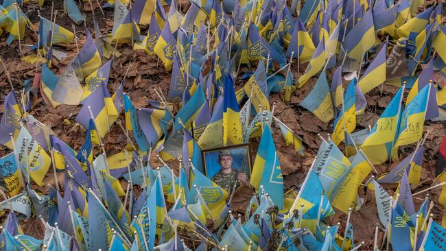 Flags bearing symbols and colours of Ukraine set to commemorate fallen Ukrainian army soldiers at Independence Square in Kyiv, on Saturday. Picture: AFP