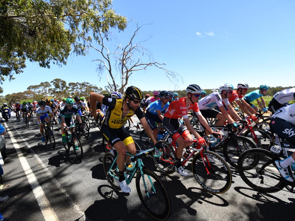 The peloton during stage one of the Tour Down Under from Port Adelaide to Lyndoch. Picture: David Mariuz/AAP Image