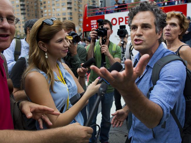 Star support ... Actor and activist Mark Ruffalo takes questions before the start of the People's Climate March in New York. Picture: Craig Ruttle/AP