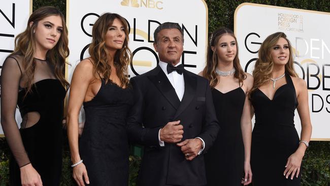 Jennifer Flavin, Sylvester Stallone, Scarlet Stallone and Sophia Stallone. Picture: Valerie Macon/AFP