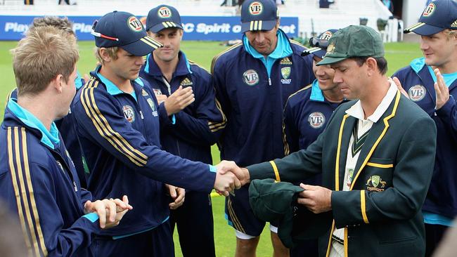 Ricky Ponting captain of Australia presents the Baggy Green Cap to Tim Paine before his debut against Pakistan at Lord’s in 2010 Picture: Getty Images