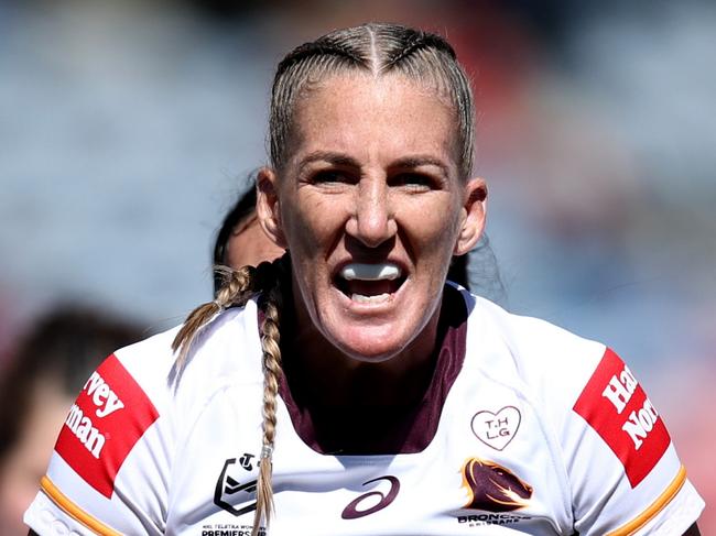 NEWCASTLE, AUSTRALIA - SEPTEMBER 09: Ali Brigginshaw of the Broncos reacts during the round eight NRLW match between Wests Tigers and Brisbane Broncos at McDonald Jones Stadium on September 09, 2023 in Newcastle, Australia. (Photo by Jason McCawley/Getty Images)