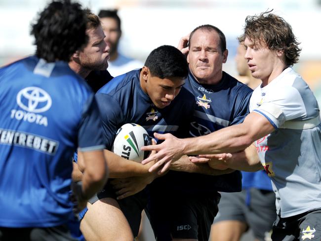 Jason Taumalolo and Matt Scott at training.