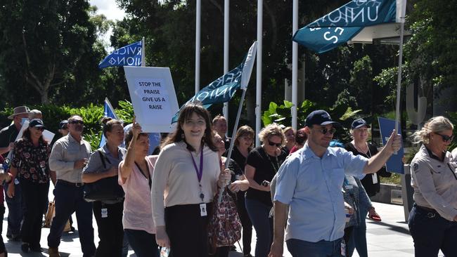 The crowd marched through the Nicholas St Mall in protest. Picture: Jessica Baker